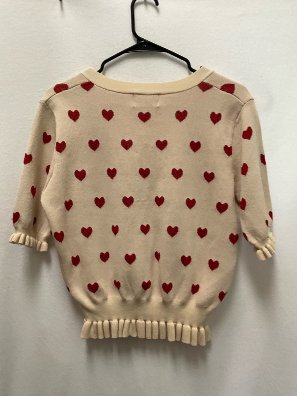 Cider Cream V-Neck Cardigan with Red Heart Motif - Picture 2 of 3
